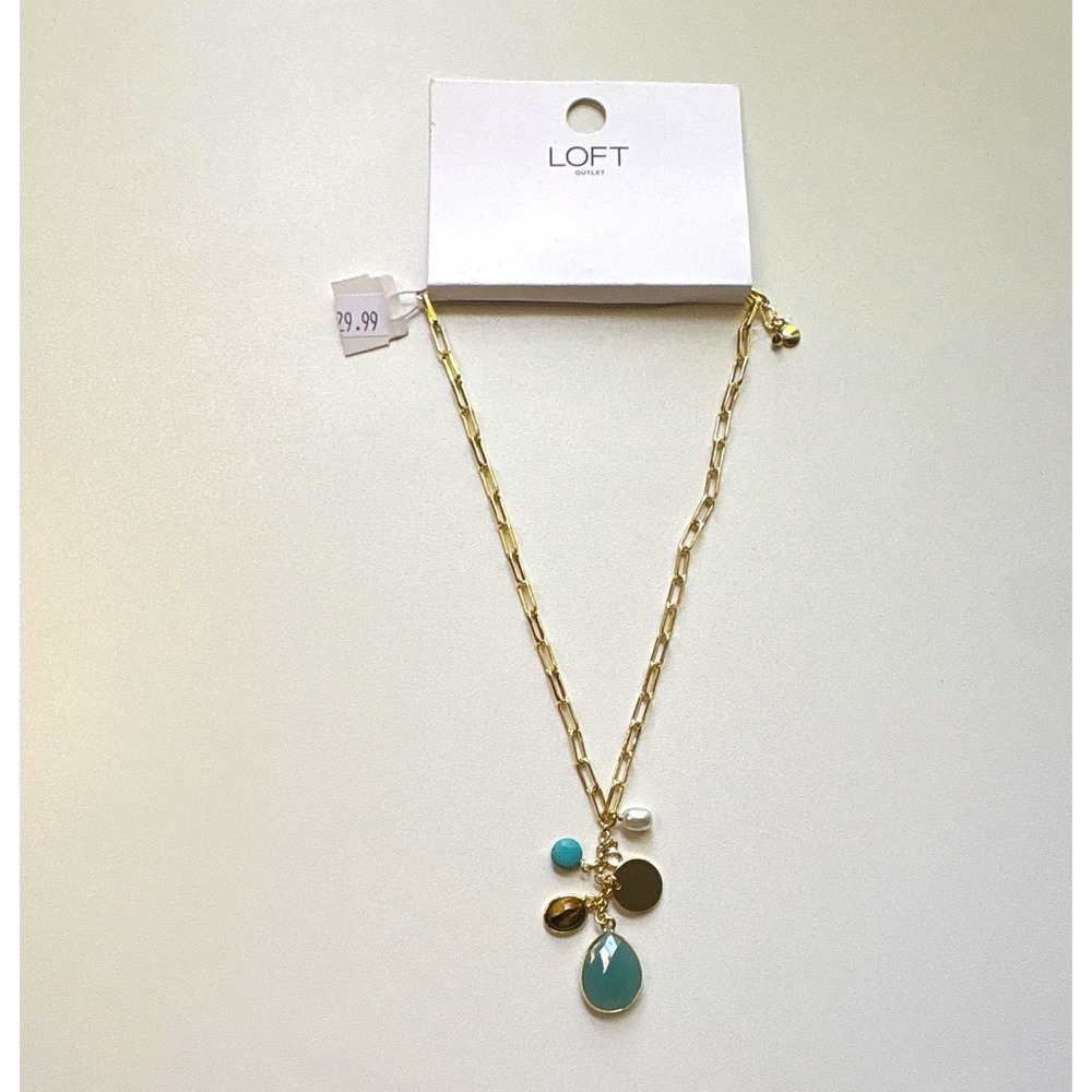 LOFT Gold Tone Bar Link Chain Necklace Blue Teardrop Charm Pendant